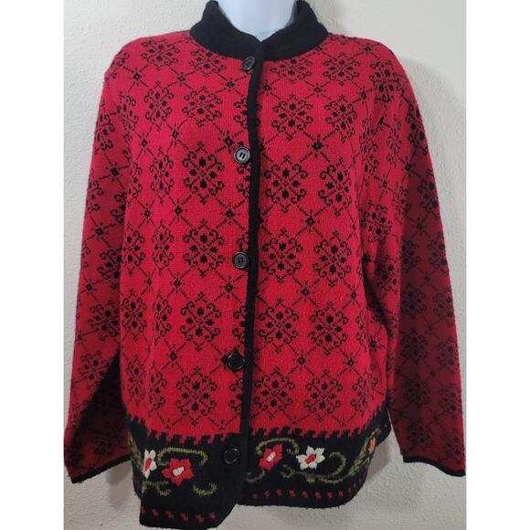 VTG JM Collection Black Red Embroidered Floral Button Up Sweater Large Soft - Picture 1 of 5